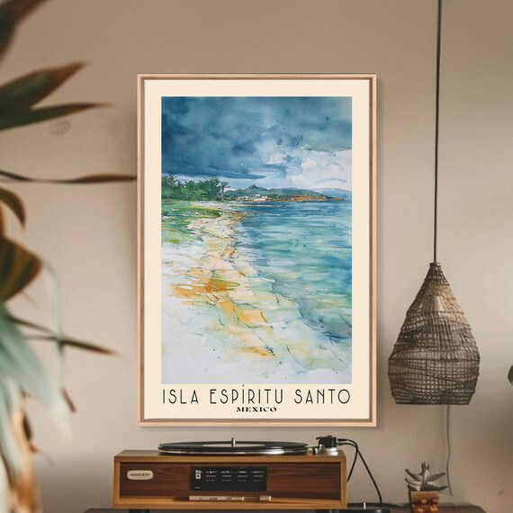 Isla Espiritu Santo Mexico Turquoise Bay Watercolor Coastline Poster