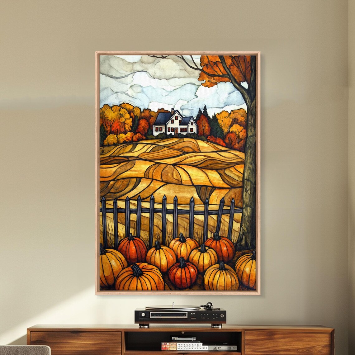 Fall Farmhouse Pumpkins Rolling Golden Fields Autumn Landscape Art Print - Image 3