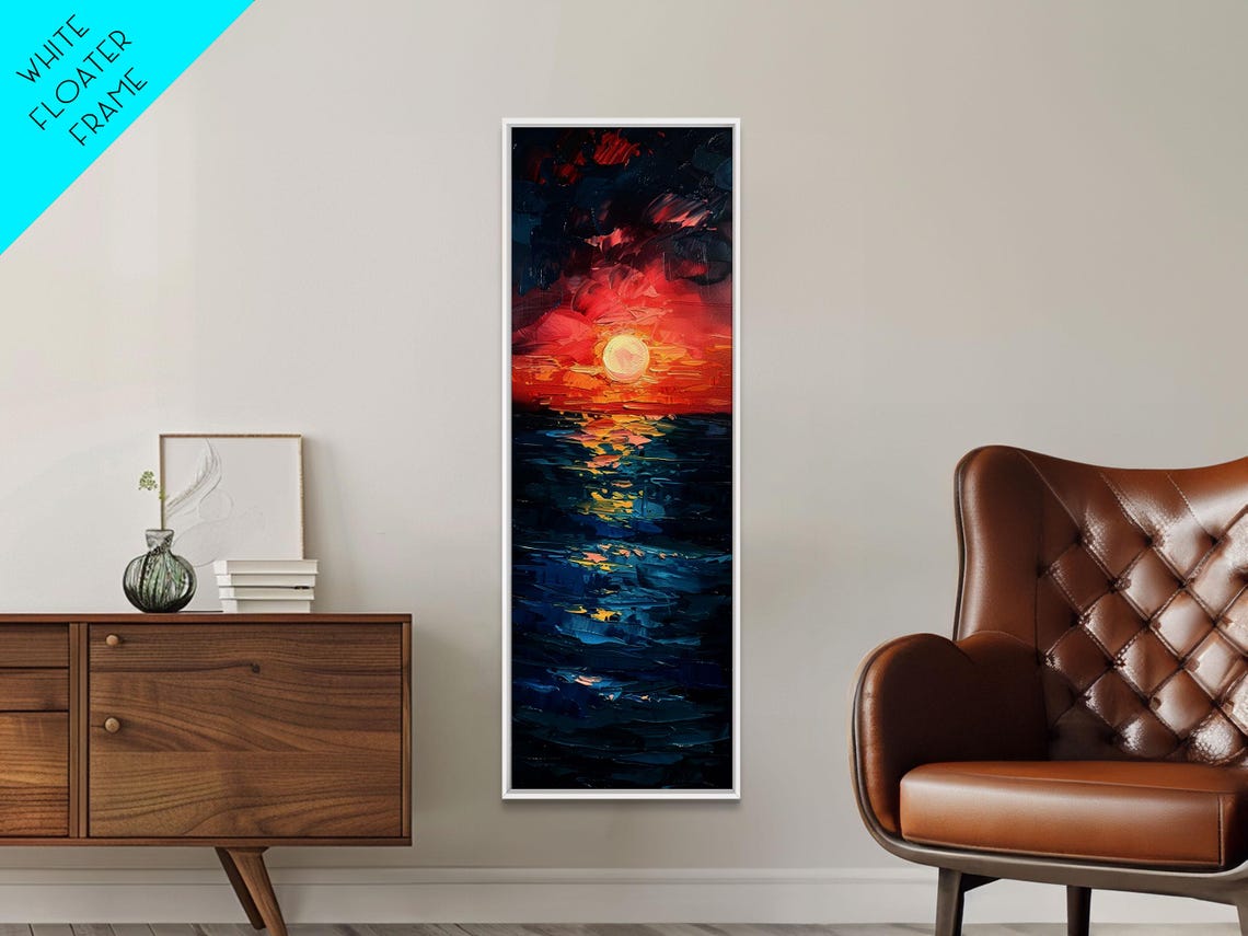 Dramatic Red Sunset Ocean Waves Coastal Impasto Painting Art Print - Image 6