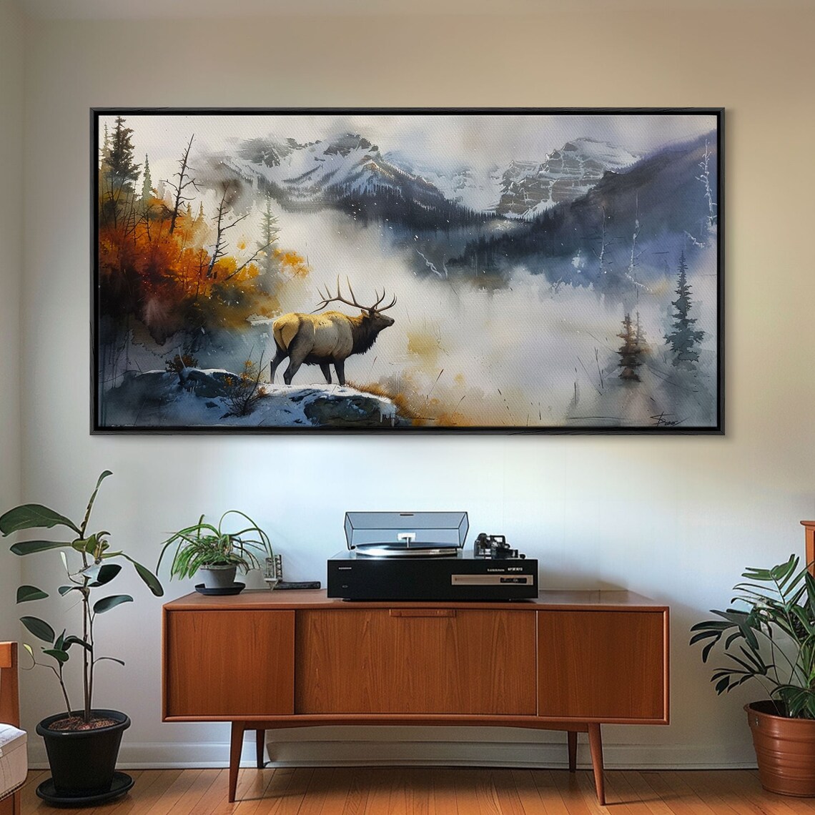Majestic Elk in Misty Mountains, Rustic Nature Art Print - Image 5