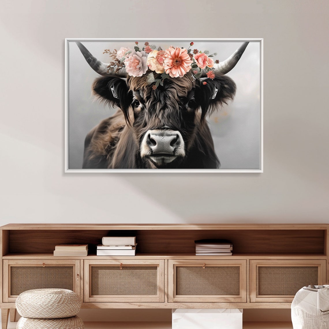Framed Wall Art Cute Cow Wearing Flowers Farmhouse Decor Farmhouse Wall At Extra Large Boho Decor Modern Art Minimalist Rustic - Image 4
