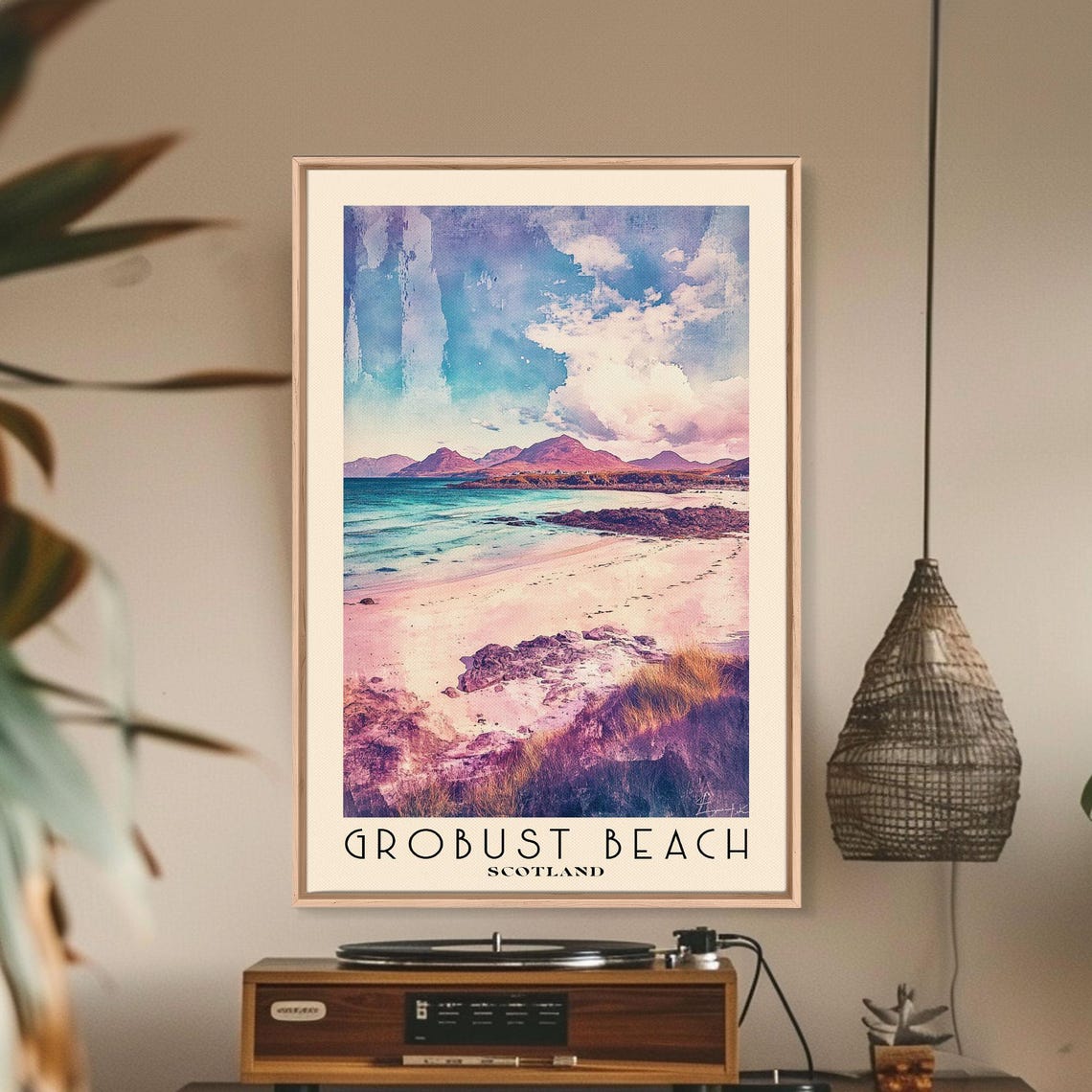 Grobust Beach Scotland Pink Sand Dunes Turquoise Sea Watercolor Poster