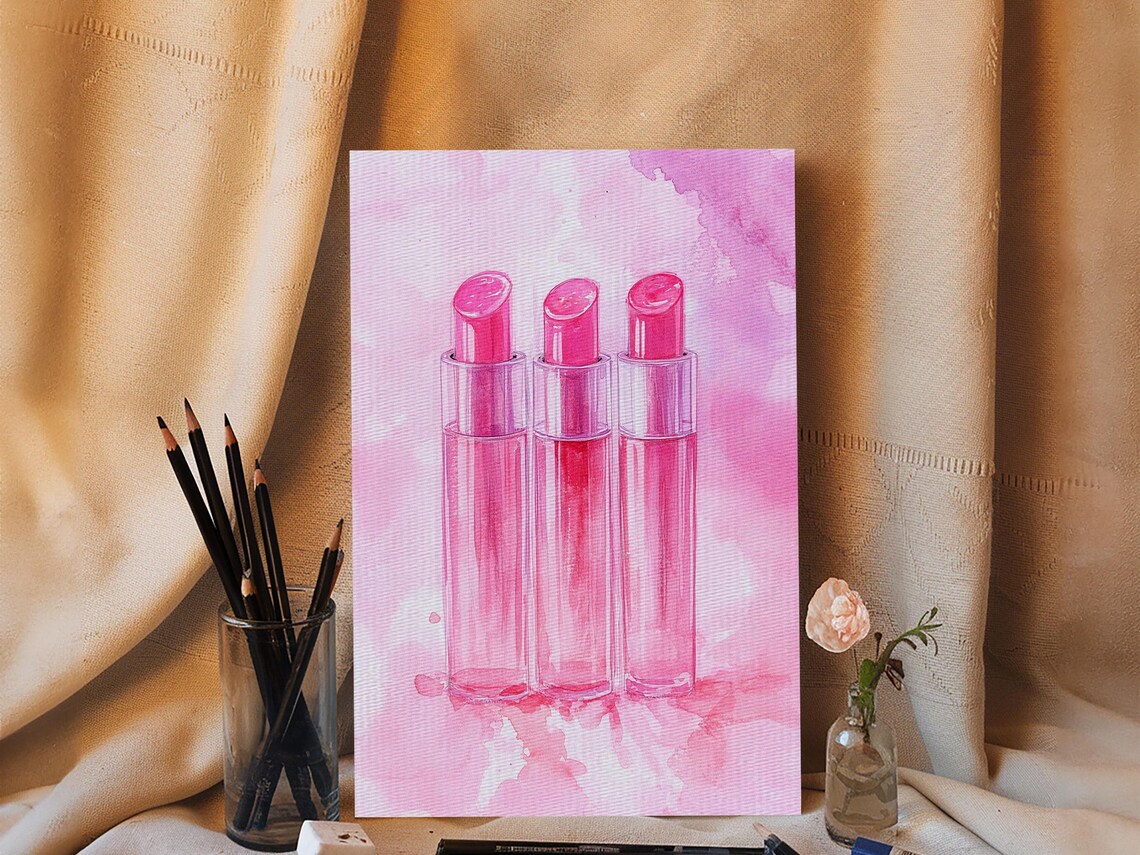 Pink Lipstick Trio Watercolor Glam Beauty Makeup Feminine Wall Art - Image 4