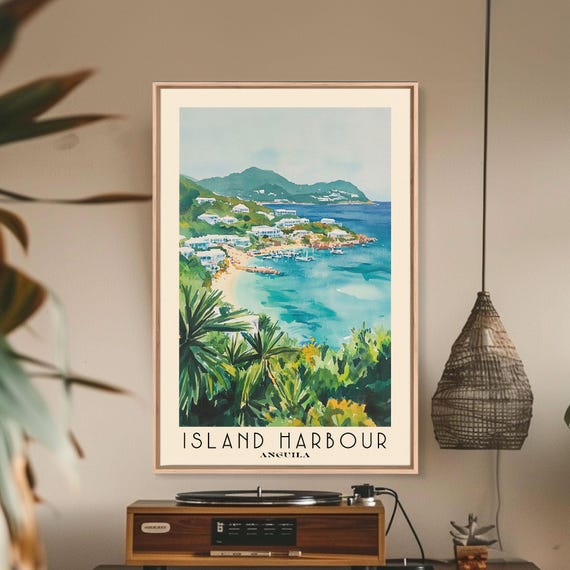 Island Harbour Anguila Watercolor Print Vacation Gift Anguila Wall Art Beach Painting Beach Decor Large Wall Art Wood Frame Art