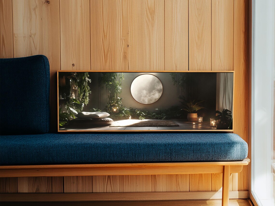 Zen Indoor Jungle Meditation Room Glowing Moon Window Panoramic Art Print - Image 6