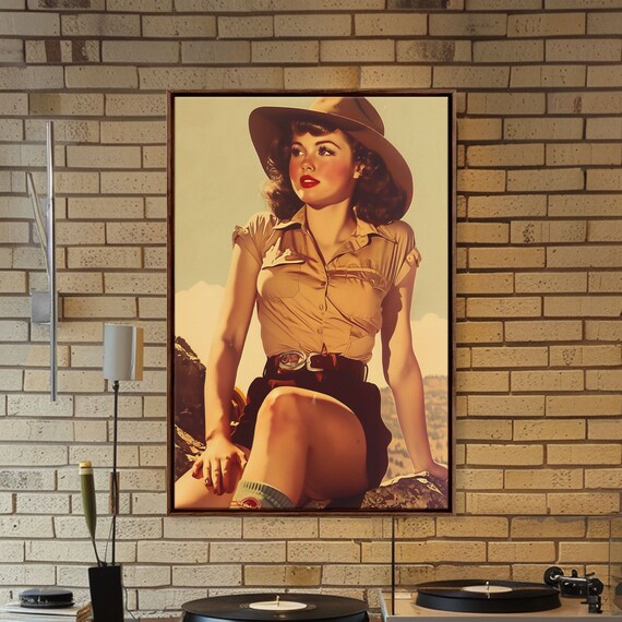 Retro Pinup Cowgirl Safari Hat Vintage Portrait Wall Art Poster