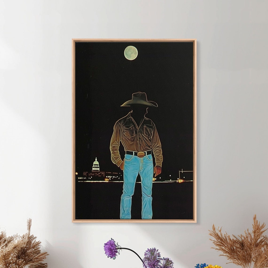 Cowboy Under Full Moon At Night With City Skyline Lights Art Poster - Image 2