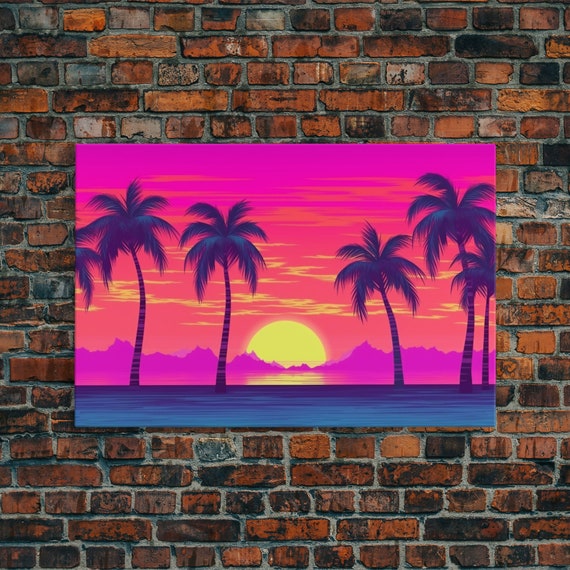 Beach Sunset Wall Art Framed Print Colorful Painting Vibrant Art Synthwave Style Warm Colors Pop Art Style Tropical Art