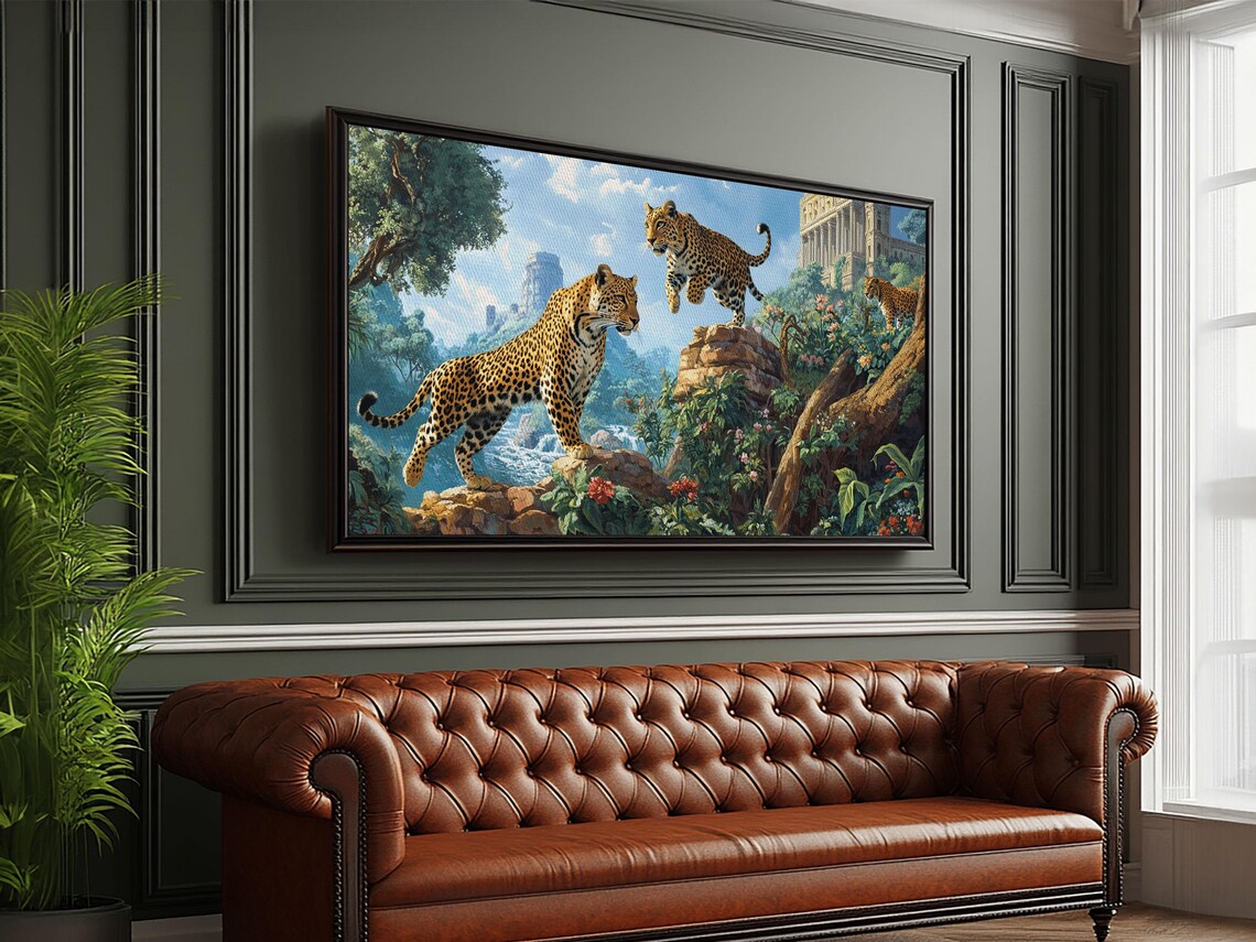 Leopards Jungle Ruins Flowers Painting Wild Big Cats Adventure Art Poster - Image 5