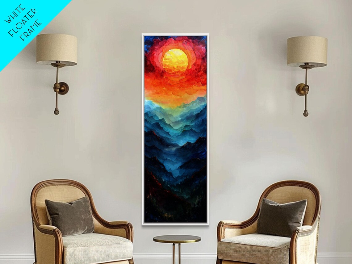 Majestic Sunrise Over Mountain Range Boho Sunset Landscape Framed Print Tall Art Japanese Style Art - Image 2