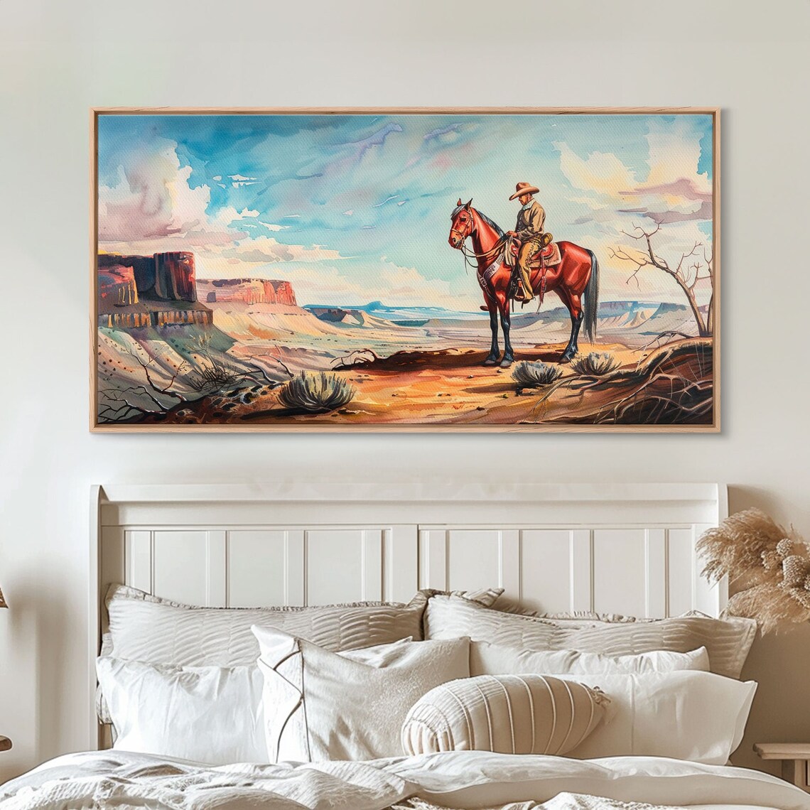Cowboy on Horse Canyon Overlook Red Rock Western Watercolor Art Poster