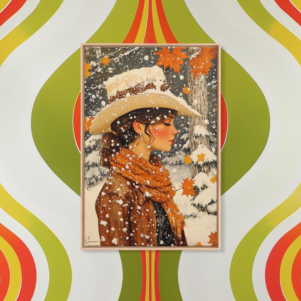 Snowy Cowgirl In Fall Scene Print Seasonal Holiday Art Rustic Christmas Decor Farmhouse Wall Art Winter Wonderland Wall Print - Image 3