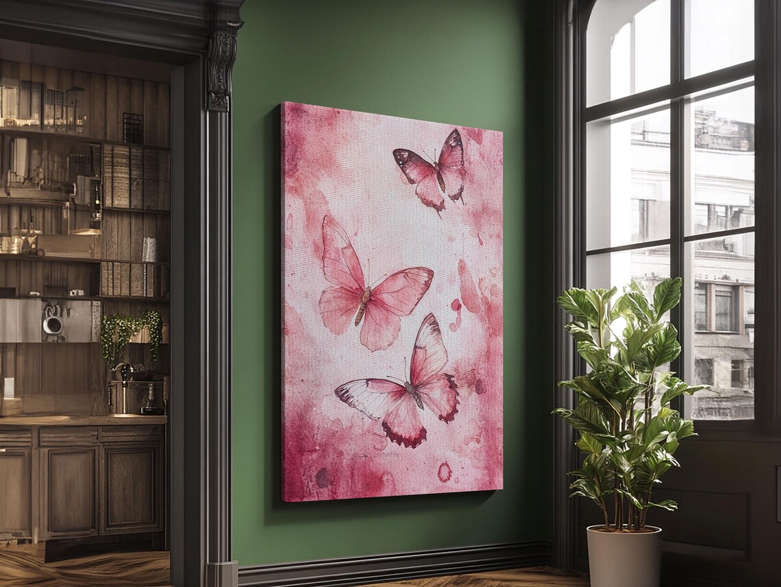 Pink Butterfly Watercolor Trio Botanical Blush Floral Wall Art Poster - Image 6