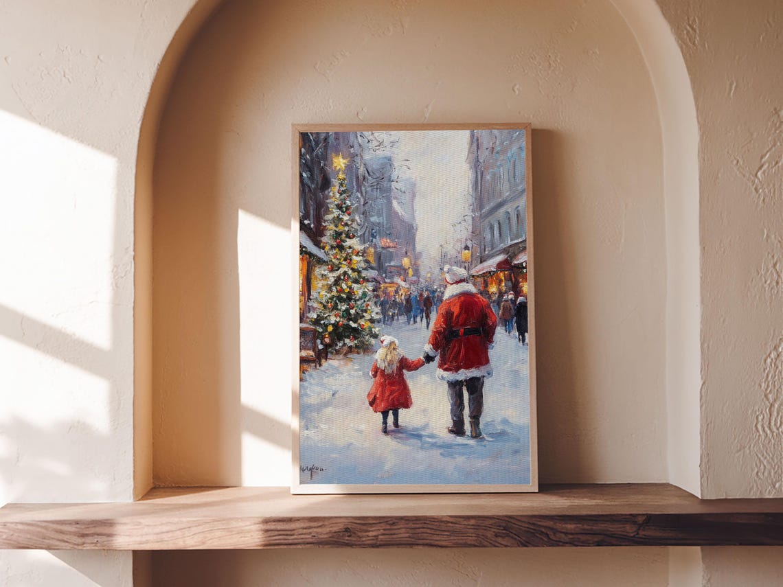 Santa With Child Snowy Town Square Christmas Tree Impressionist Poster - Image 2