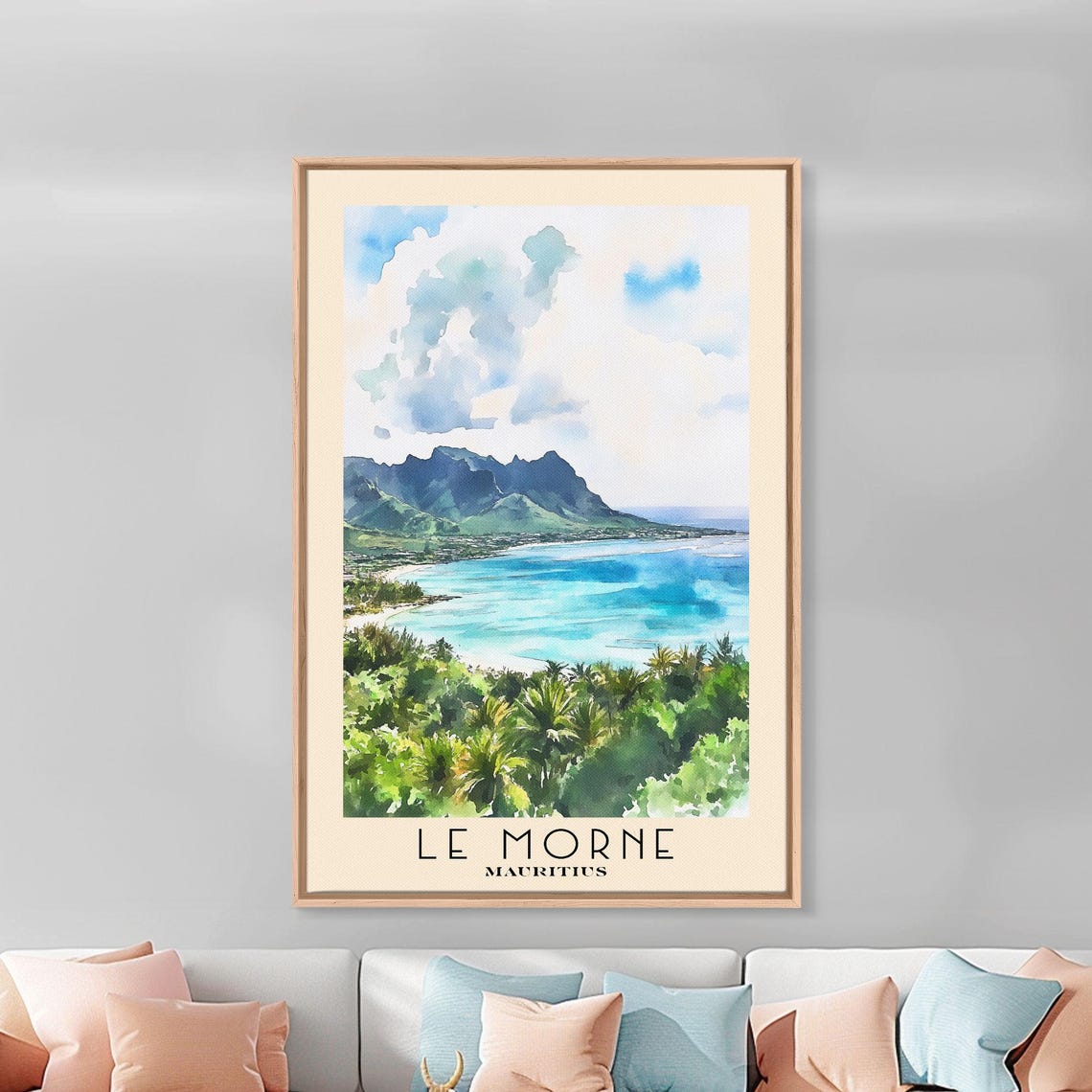 Le Morne Mauritius Mountain Peak Turquoise Bay Palms Watercolor Poster - Image 3