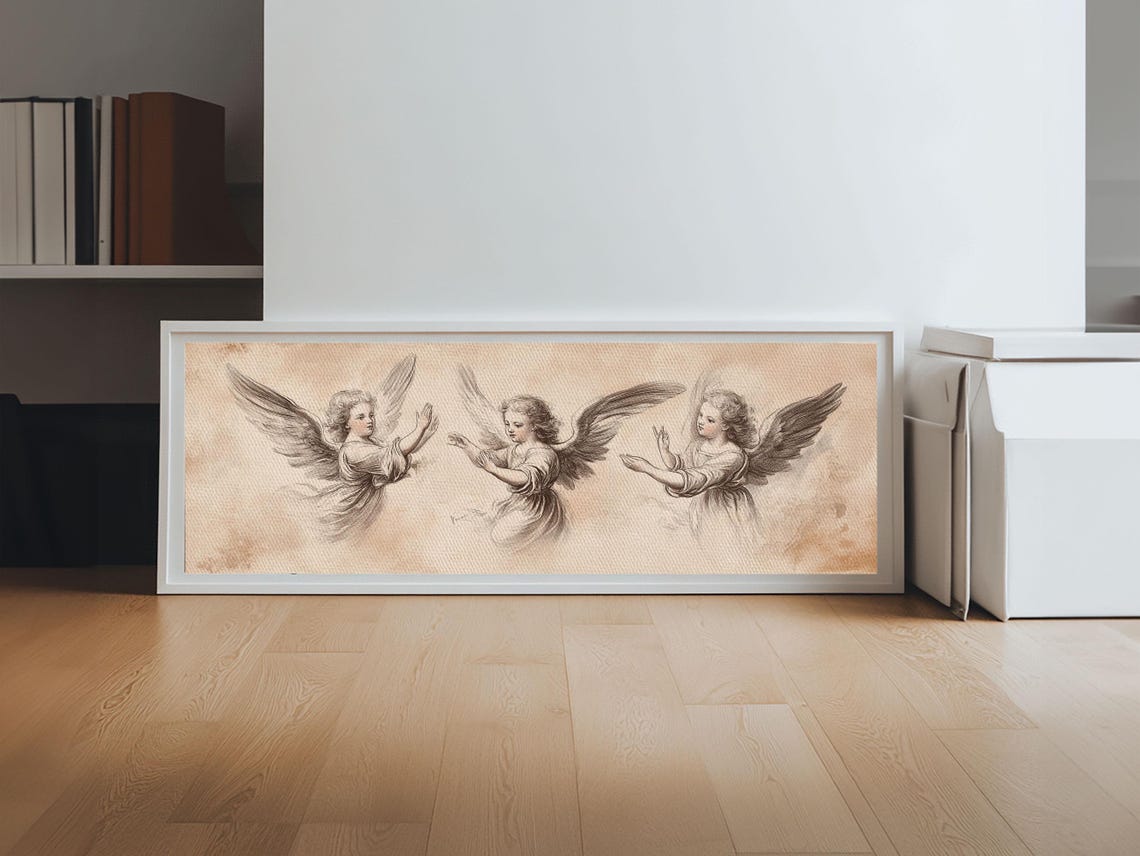 Painting Of 3 Angels Print Guardian Angels Wall Art Angel Sketch Angel Painting Angelic Home Decor Extra Wide Wall Art - Image 5