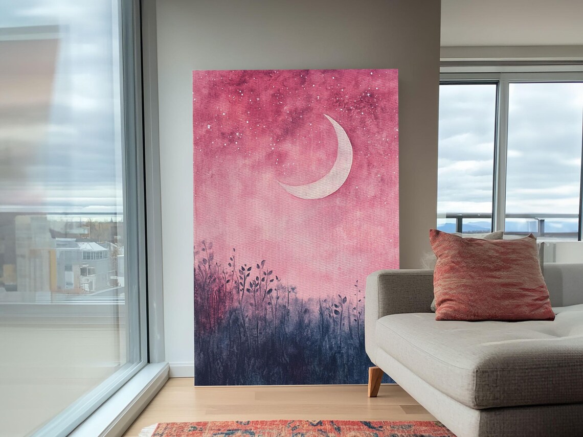 Crescent Moon Over Pink Starry Night Meadow Watercolor Wall Art - Image 4