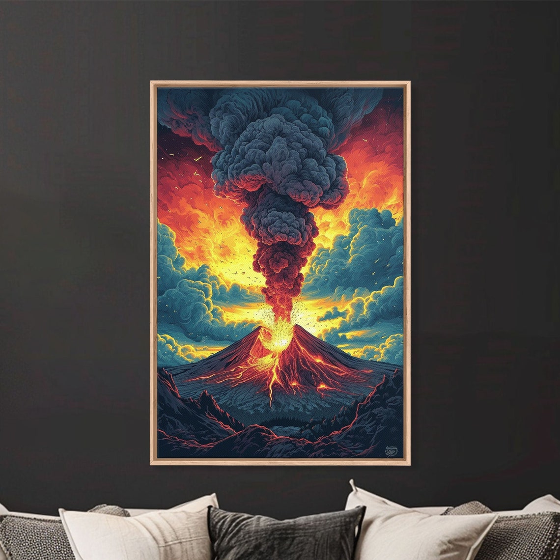 Erupting Volcano Lava Smoke Column Dramatic Sunset Painting Print - Image 2