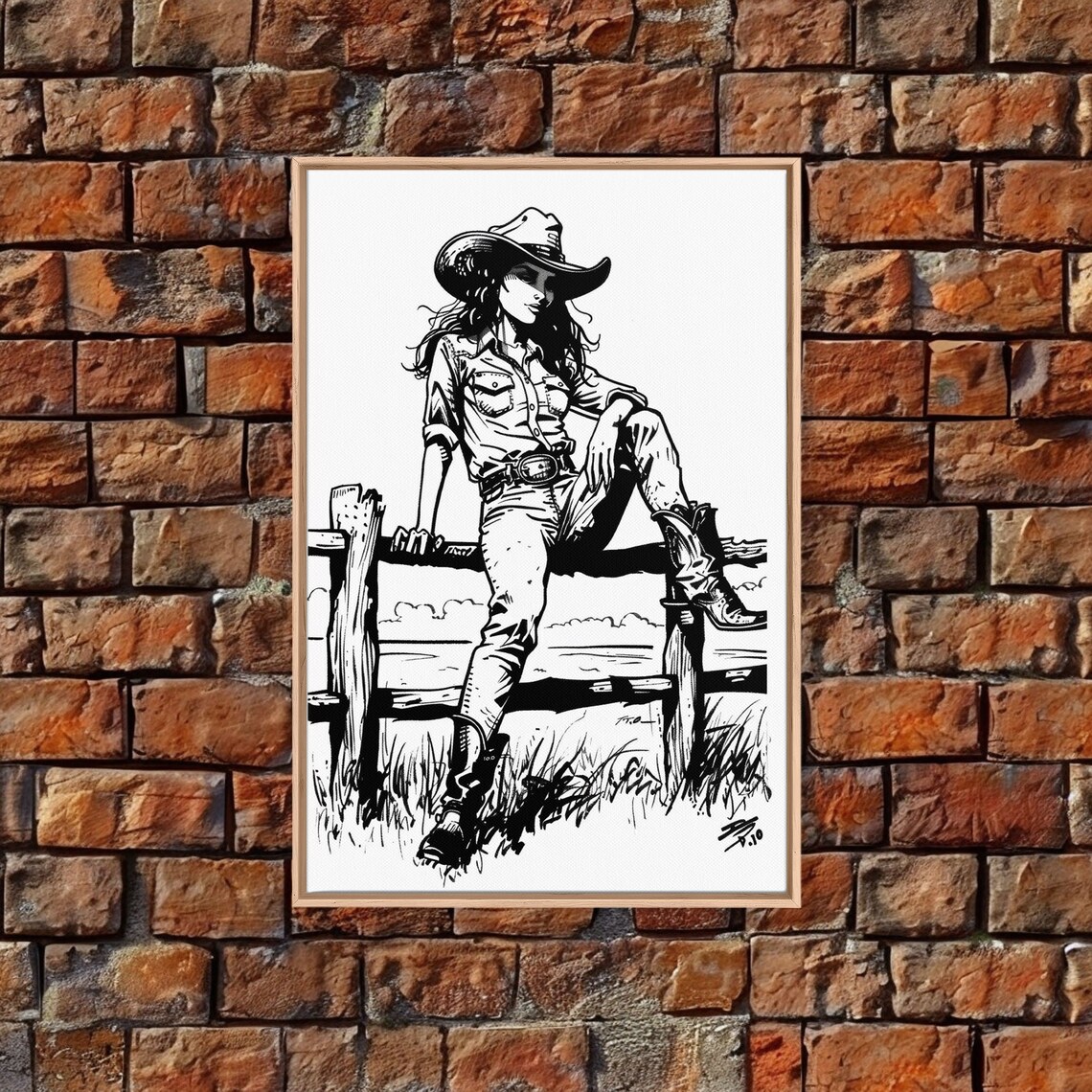 Cowgirl Sitting Fence Black White Line Art Western Ranch Wall Print - Image 3