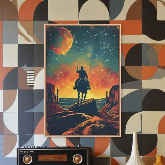 Cosmic Cowboy Horseback Orange Moon Night Sky Western Poster