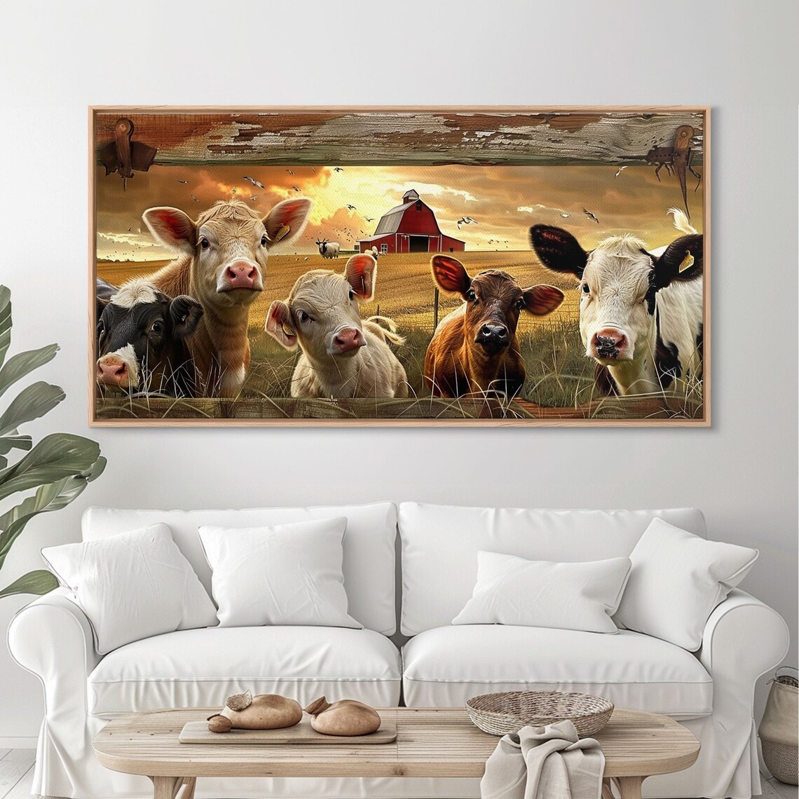 Cute Calves Peeking Fence Red Barn Sunset Farmyard Wall Art Poster - Image 3