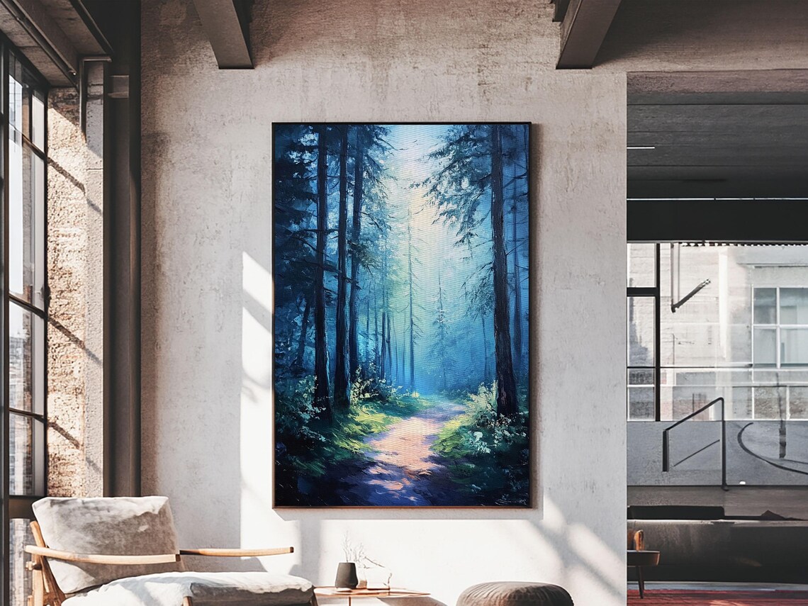 Enchanting Forest Print Moody Blue Landscape Painting With Pine Tree Art Above Sofa Rustic Wall Artwork - Image 2