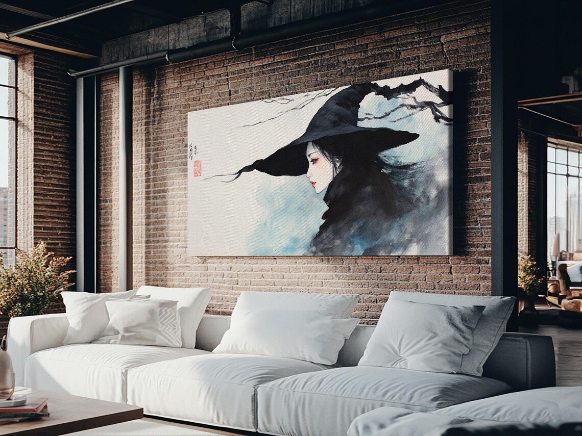 Japanese Witch Portrait Watercolor Ink Wash Bats Wide Brim Hat Artwork Poster - Image 2