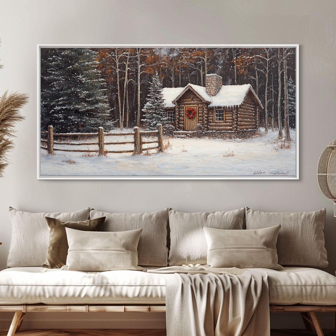 Snowy Log Cabin Christmas Art Print, Rustic Holiday - Image 2