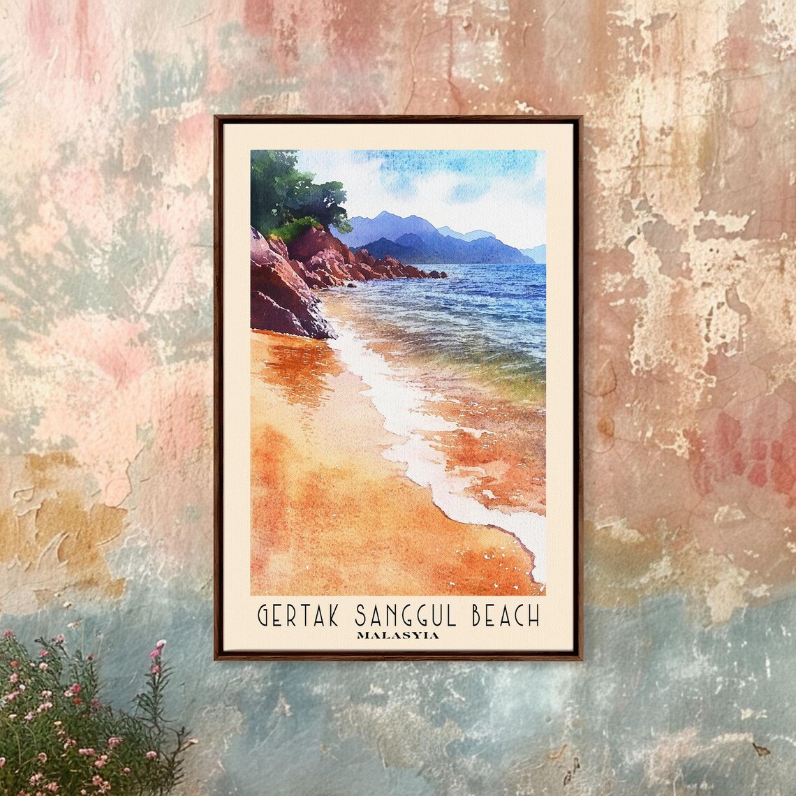 Gertak Sanggul Beach Malaysia Orange Sand Rocky Headland Blue Sea Watercolor Poster - Image 4