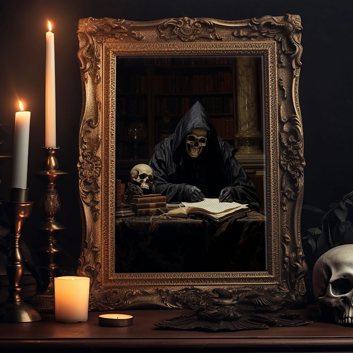 Grim Reaper in His Study, Gothic Halloween Art Print