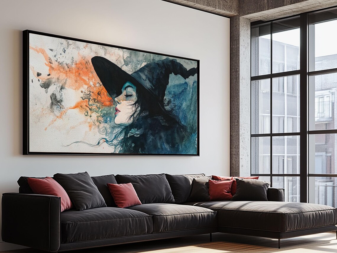 Witch Watercolor Portrait Panoramic Dark Magic Smoke Profile Blue Orange Poster - Image 5