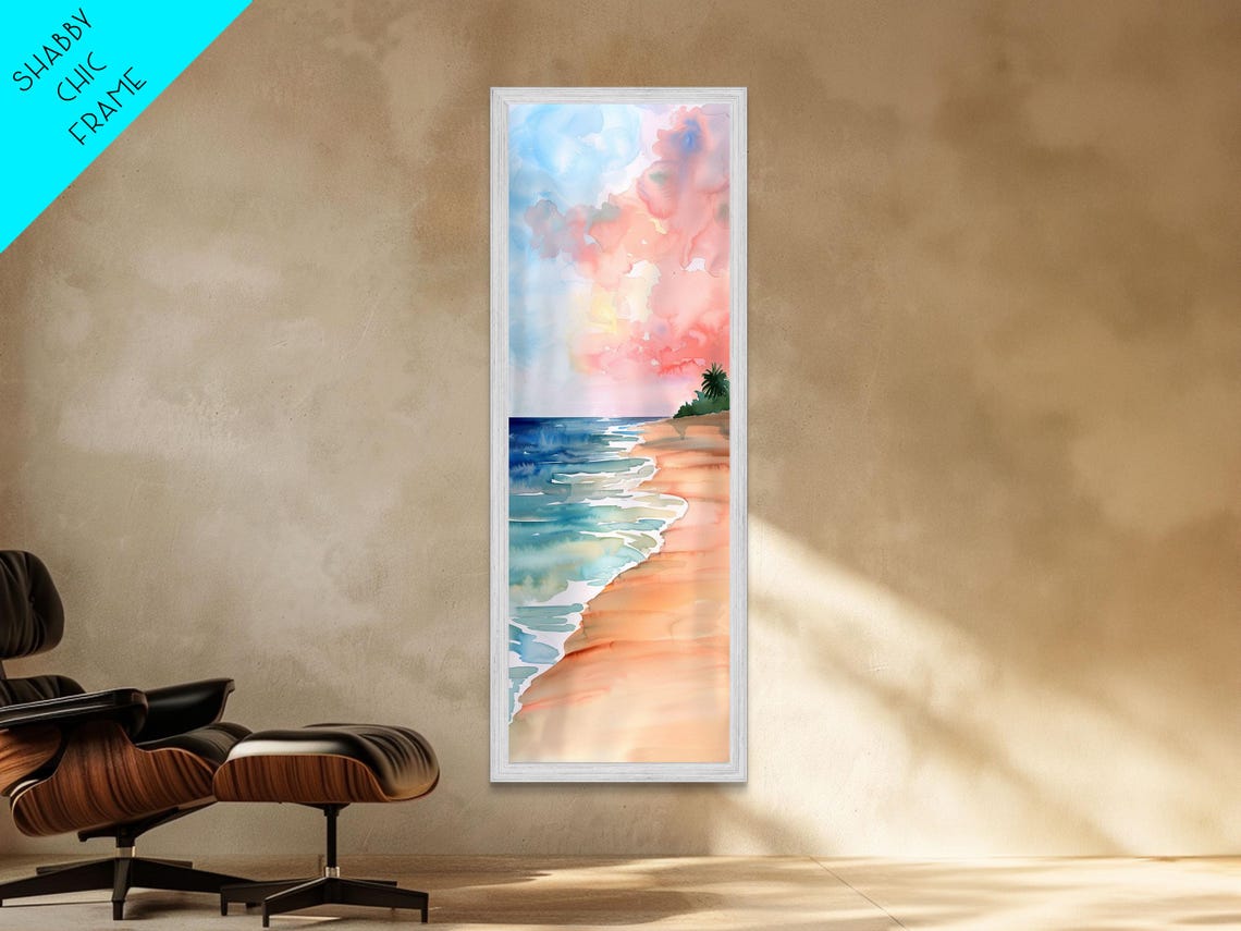 Pastel Watercolor Beach Pink Sky And Sandy Shore Wall Art Print