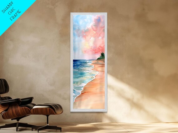 Pastel Watercolor Beach Pink Sky And Sandy Shore Wall Art Print