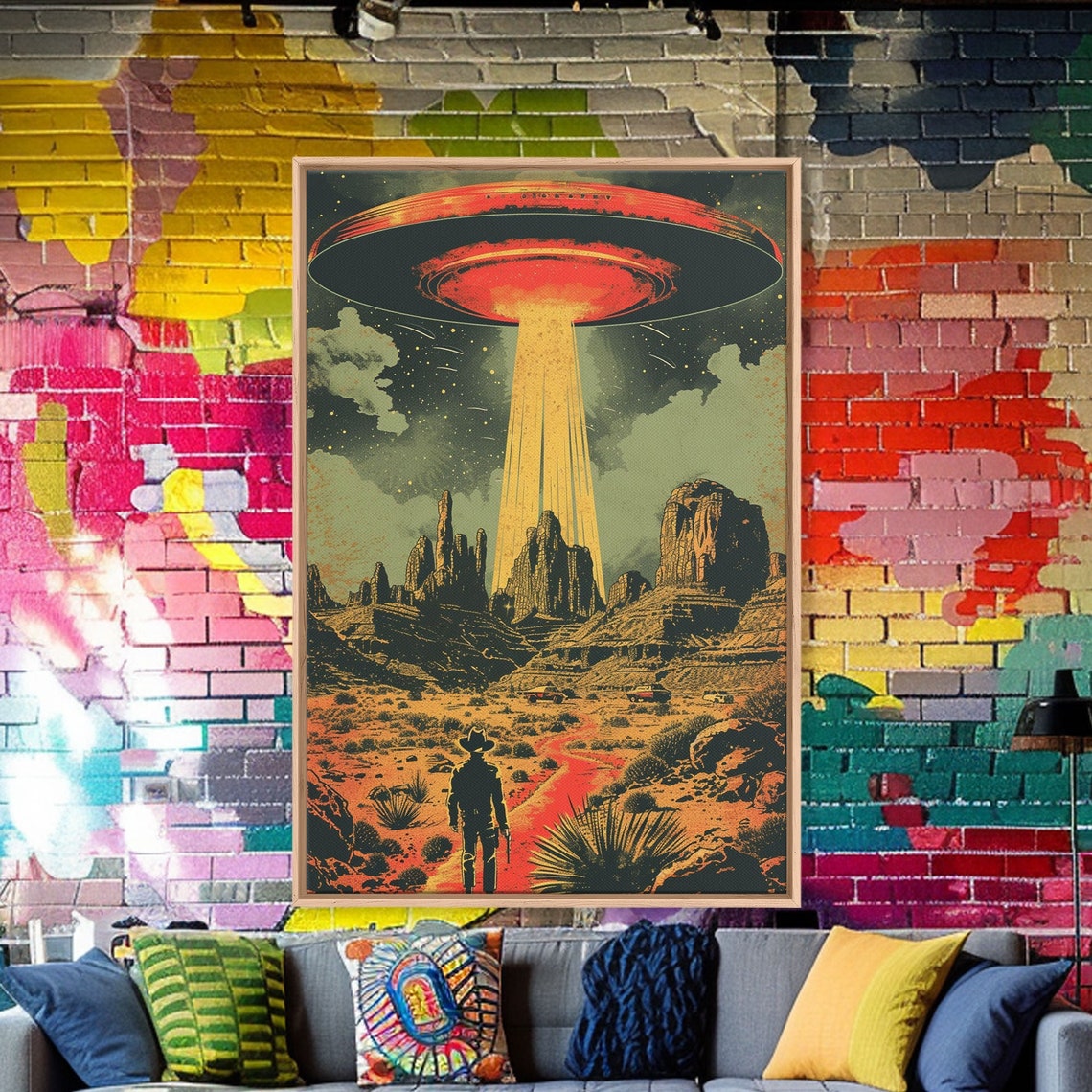 Cosmic Cowboy UFO Saucer Desert Night Retro Sci Fi Western Poster