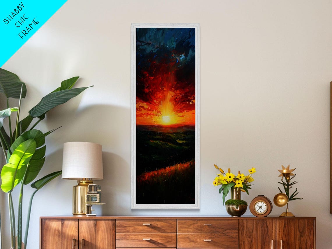 Dramatic Red Sunset Over Dark Hills Impasto Night Sky Landscape Poster - Image 2