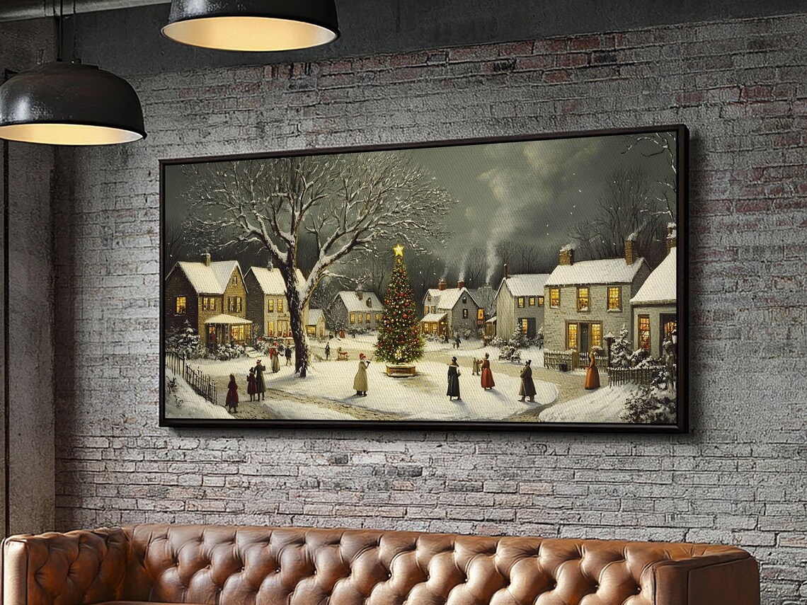 Victorian Christmas Village Night Snowy Lit Tree Carolers Art Print - Image 3