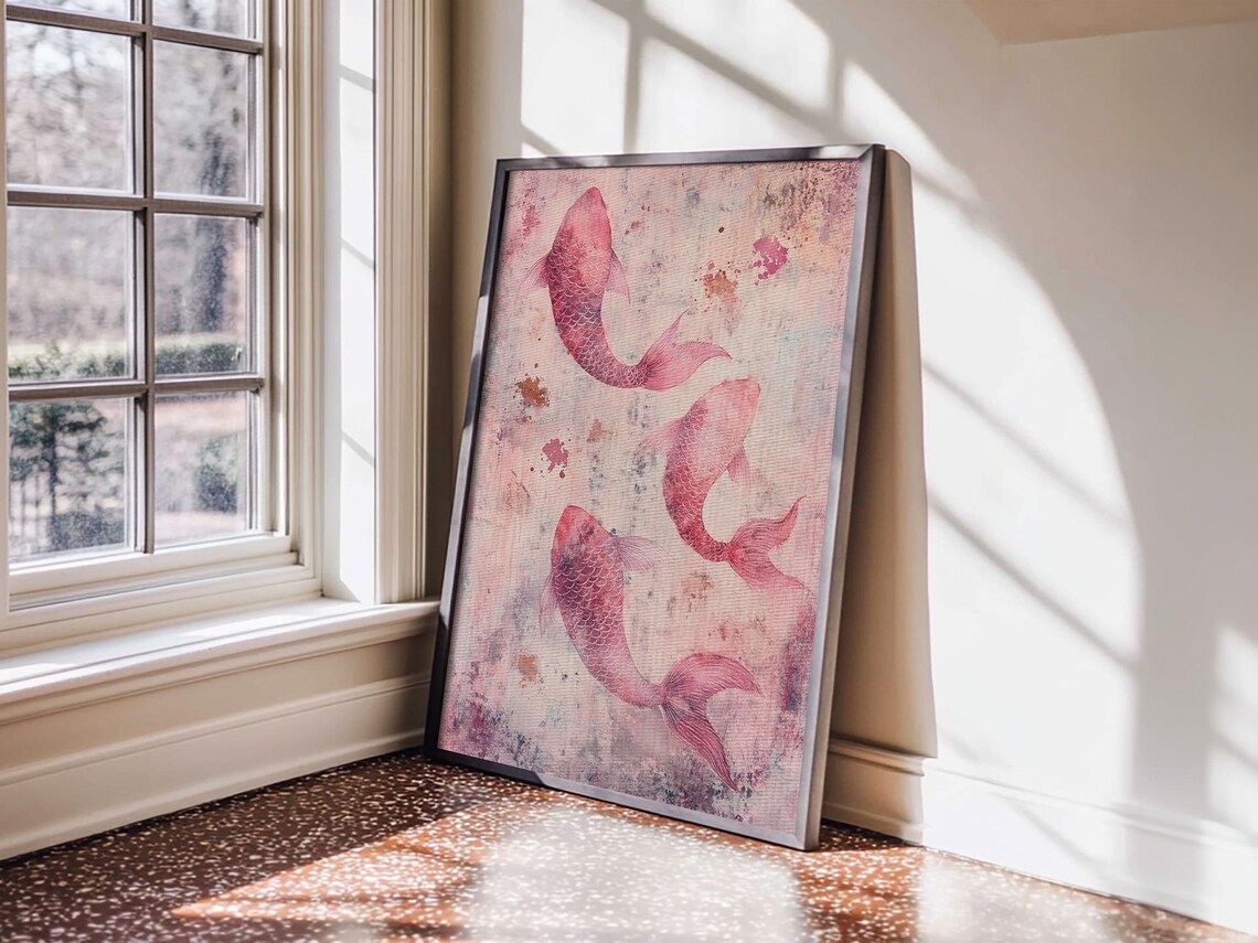 Three Pink Koi Fish Watercolor Artistic Japanese Style Wall Art Print - Image 6