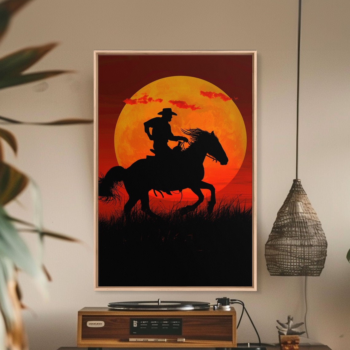Cowboy Silhouette On Galloping Horseback Giant Orange Sunset Wall Art - Image 3