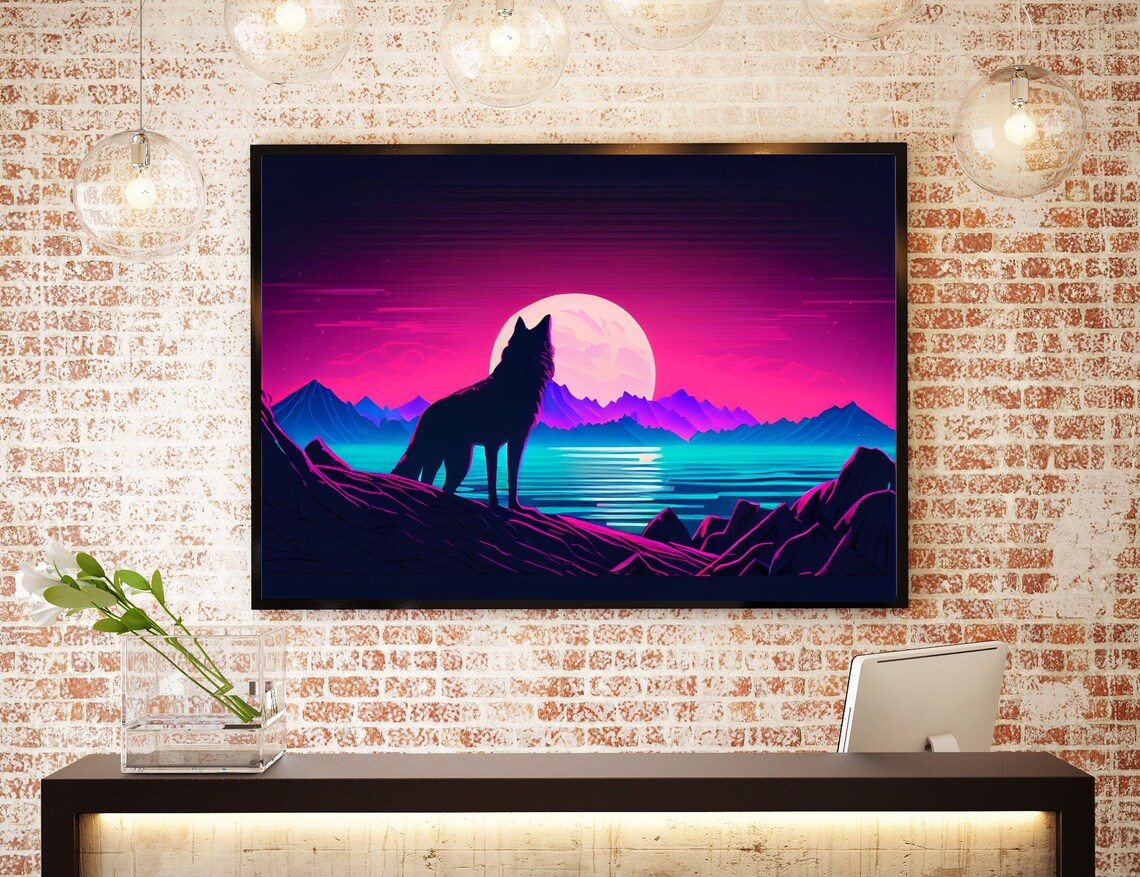 Wolf Silhouette Full Moon Synthwave Night Lake Mountains Wildlife Poster