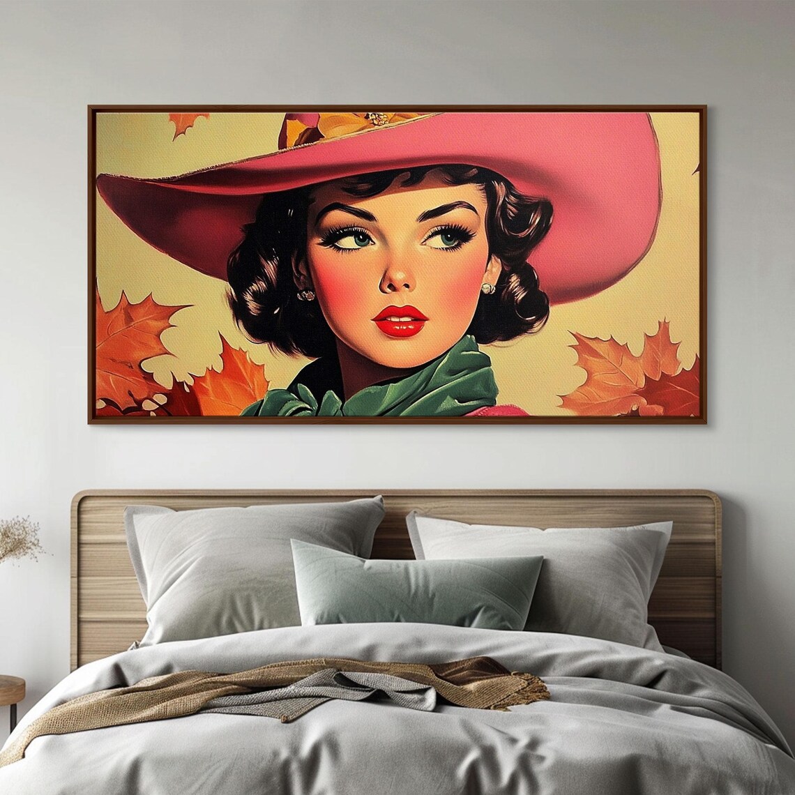 Retro Woman In A Pink Cowboy Hat Among Autumn Leaves Art Print