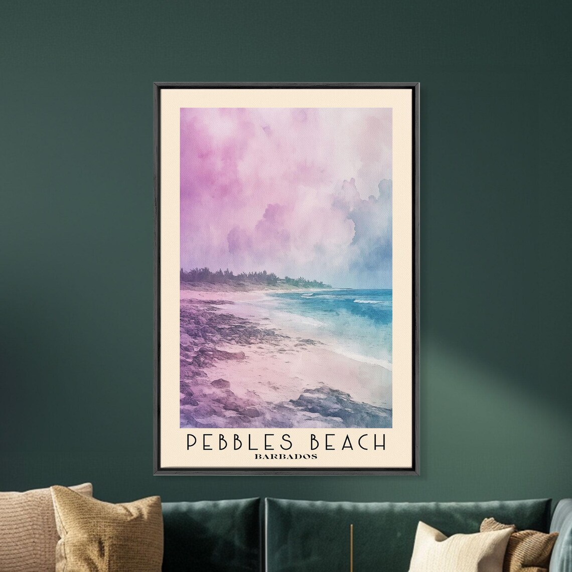 Pebbles Beach Barbados Rocky Shore Pink Clouds Turquoise Water Travel Poster - Image 5