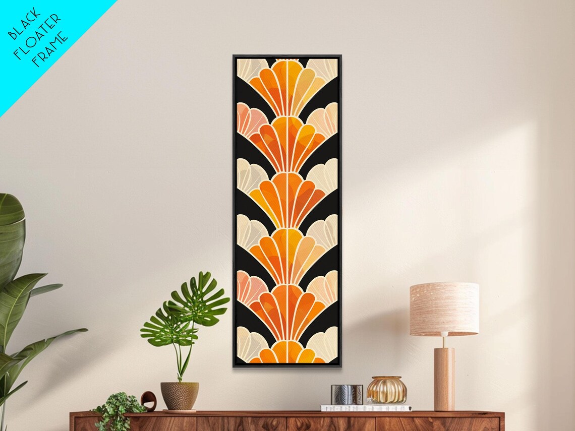 Art Deco Scallop Shell Repeat Pattern In Orange And Cream On Black Art Poster - Image 3