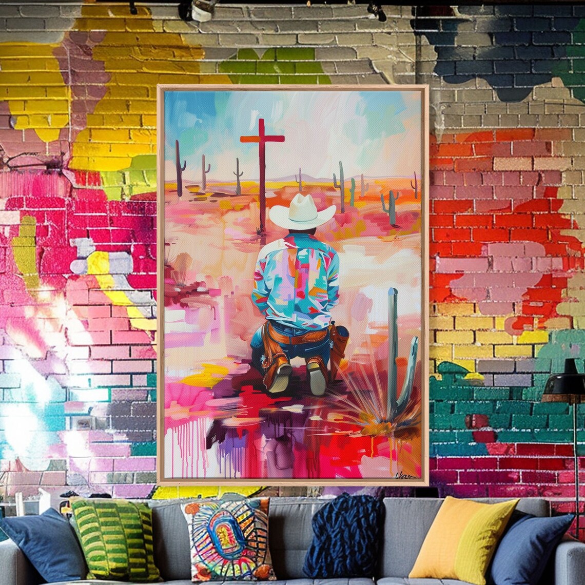 Cowboy Kneeling Before Cross Colorful Desert Faith Art Poster - Image 4