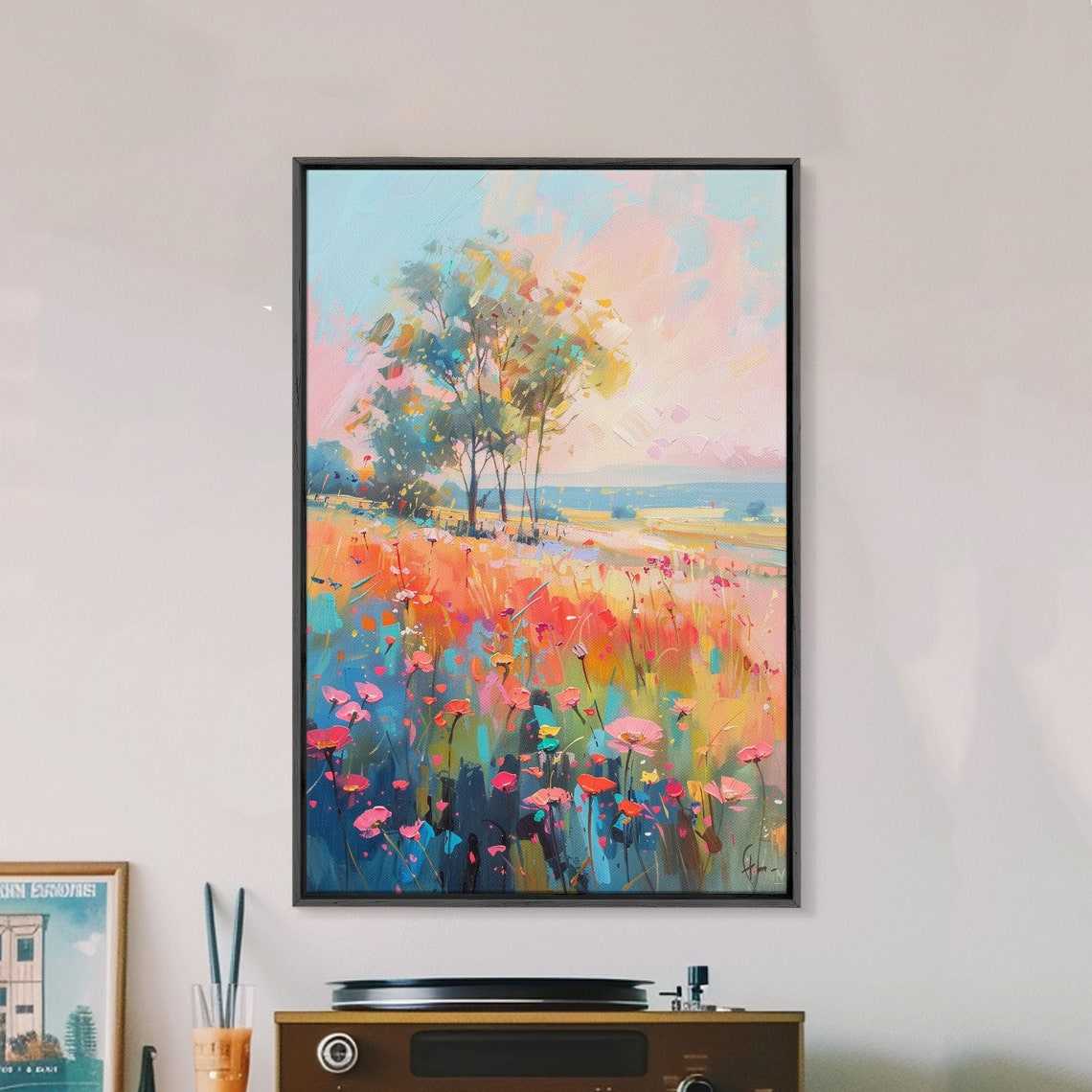 Blossoming Meadow Flower Field Trees Pastel Impressionist Art Poster - Image 4