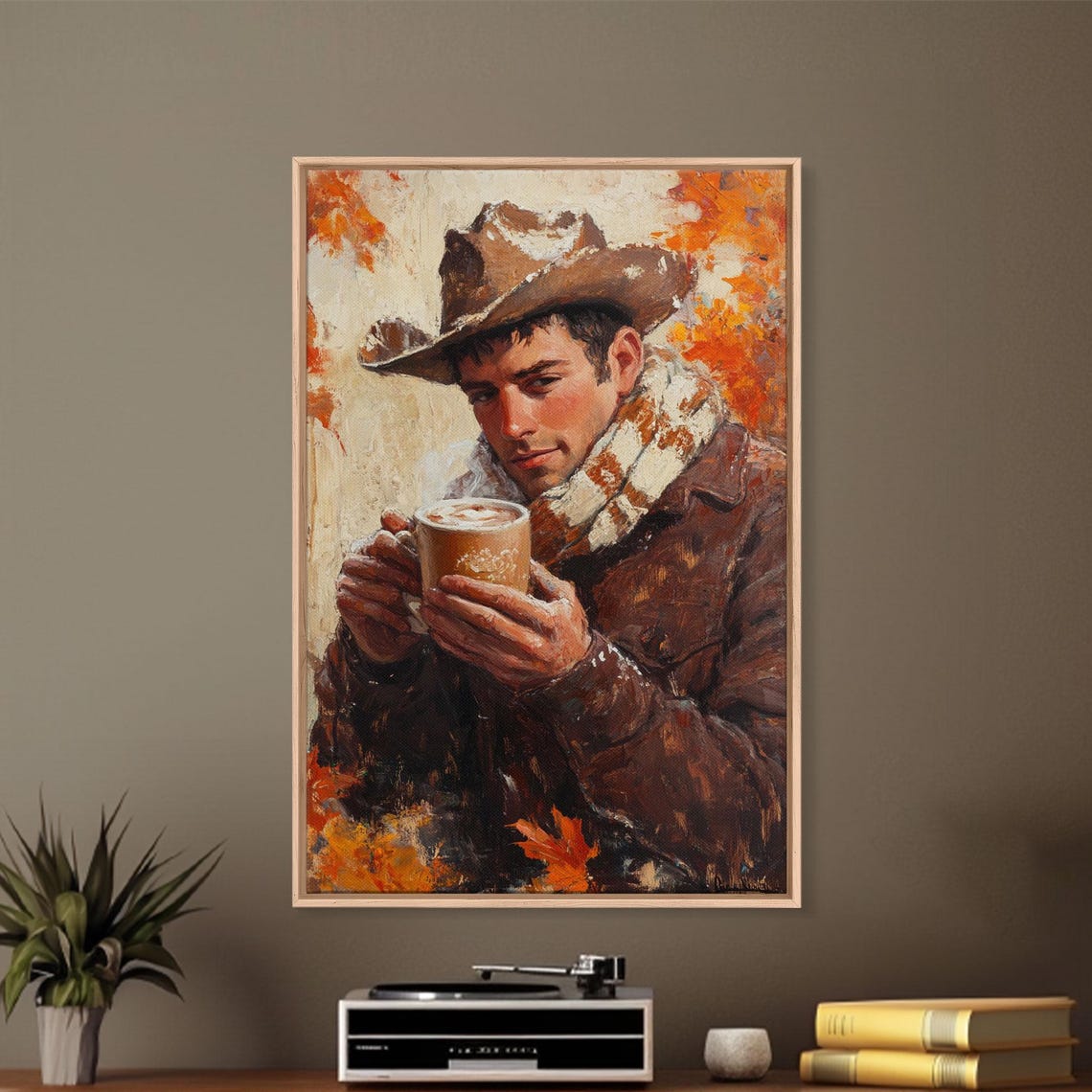 Young Cowboy Holding Steaming Mug Snow Dusted Hat Autumn Warm Poster - Image 3