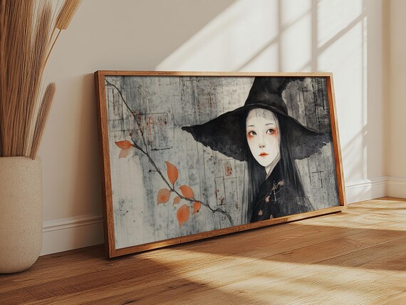 Wabi Sabi Japanese Witch Portrait Framed Print Wood Framed Art Japanese Style Witchy Wall Art
