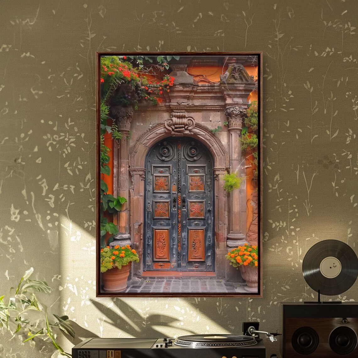 Dark Carved Wooden Double Door Orange Blooms Stone Portal Art Poster - Image 3