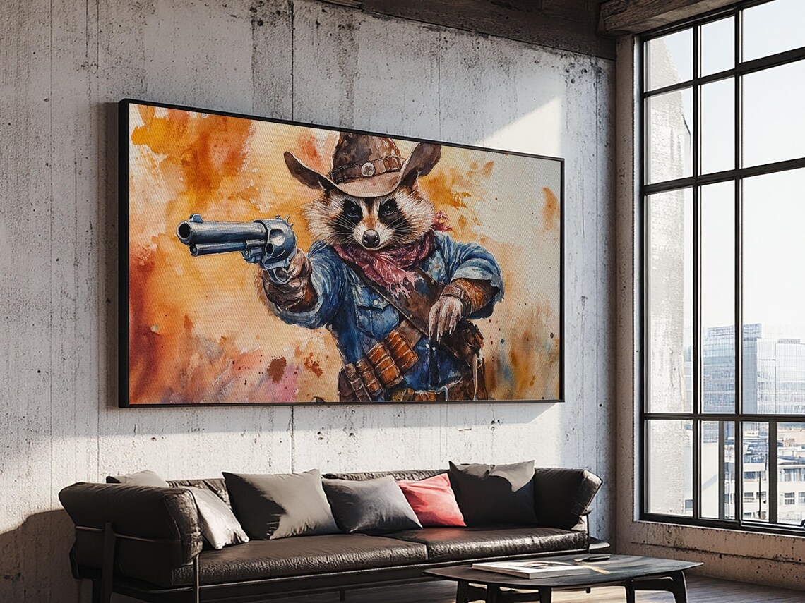 Raccoon Cowboy With Revolver Western Watercolor Animal Painting Print - Image 4