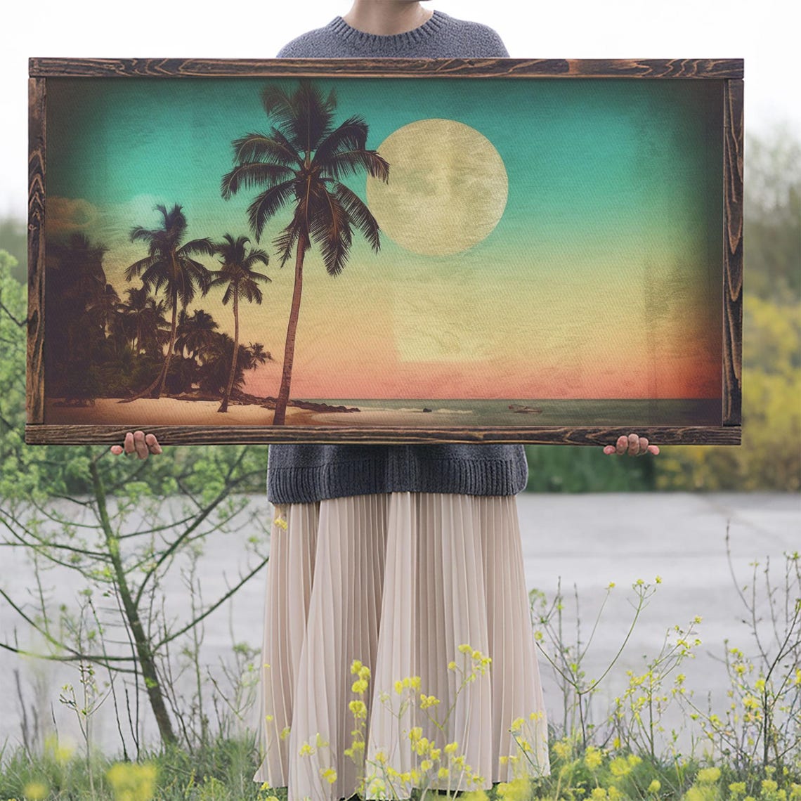 Sunset Over Beach Wall Decor Tropical Wall Art Palm Trees Art Panoramic Wall Decor Print Wall Art Framed Art - Image 2