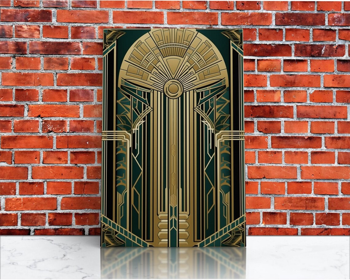Art Deco Stained Glass Art Print, Gold Green Midcentury - Image 3